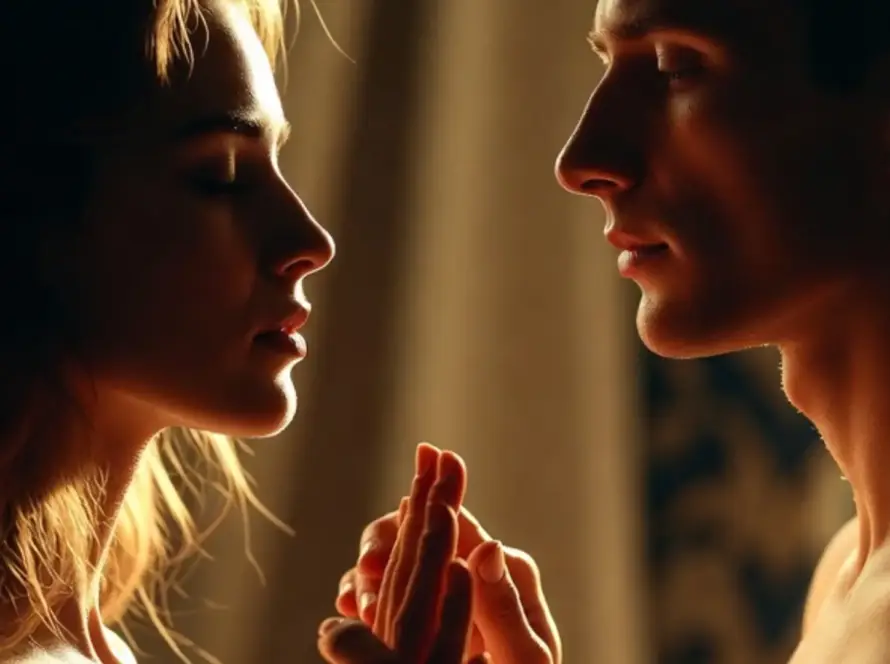 Primer plano cinematográfico de una pareja joven de perfil, casi rozándose en la penumbra; una luz cálida resalta sus siluetas y el suave contacto de sus dedos, creando una atmósfera de intimidad profunda y respeto sagrado.