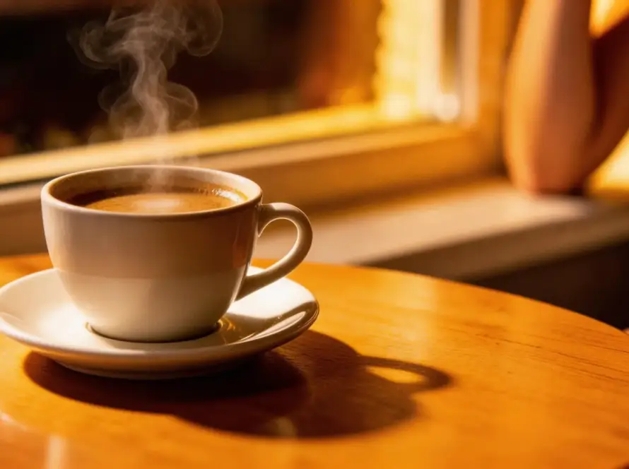 Macrofotografía de una taza de café humeante sobre una mesa de madera en una cafetería con iluminación cálida; al fondo, se aprecia la silueta desenfocada de una persona, evocando una atmósfera de calma, intimidad y disfrute del momento presente.
