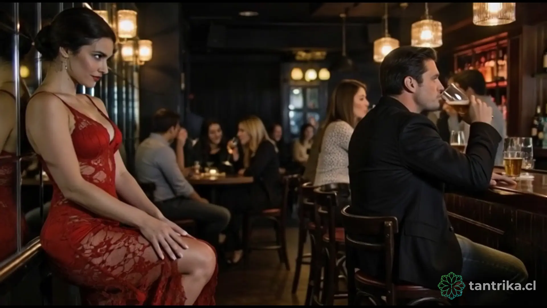 Una mujer con un elegante vestido de encaje rojo observa con intensidad a un hombre sentado en la barra de un bar oscuro y sofisticado; el ambiente nocturno está iluminado por lámparas de luz cálida, resaltando la atmósfera de misterio y atracción.