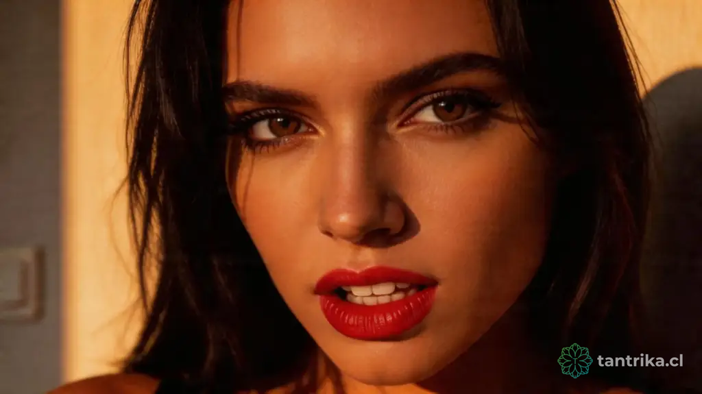 Primer plano extremo de mujer (Sofía) con labial rojo y mirada penetrante, seductora y apasionada bajo luz cálida de atardecer. — Serie Historias ínitimas, Tántrika™