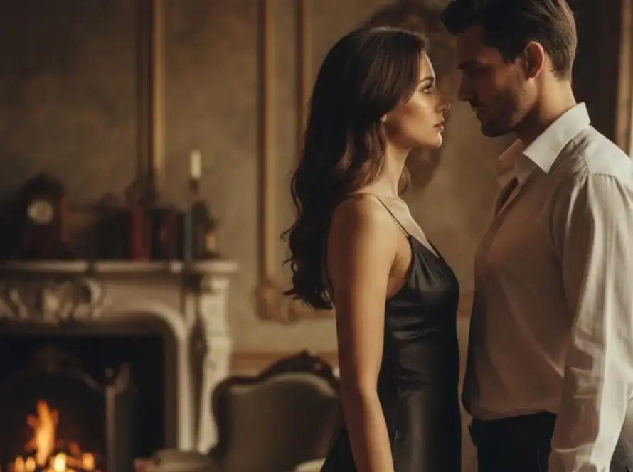 Pareja en salón elegante, tensión erótica en la distancia, miradas que se sostienen sin contacto — Relatos Tántrika™