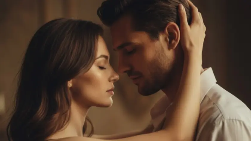 Primer plano cinematográfico de una pareja con los ojos cerrados compartiendo un instante de paz y conexión sensorial profunda.