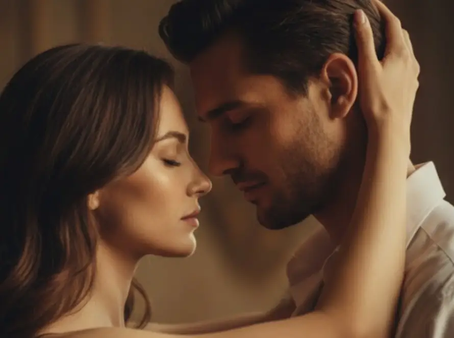 Primer plano cinematográfico de una pareja con los ojos cerrados compartiendo un instante de paz y conexión sensorial profunda.