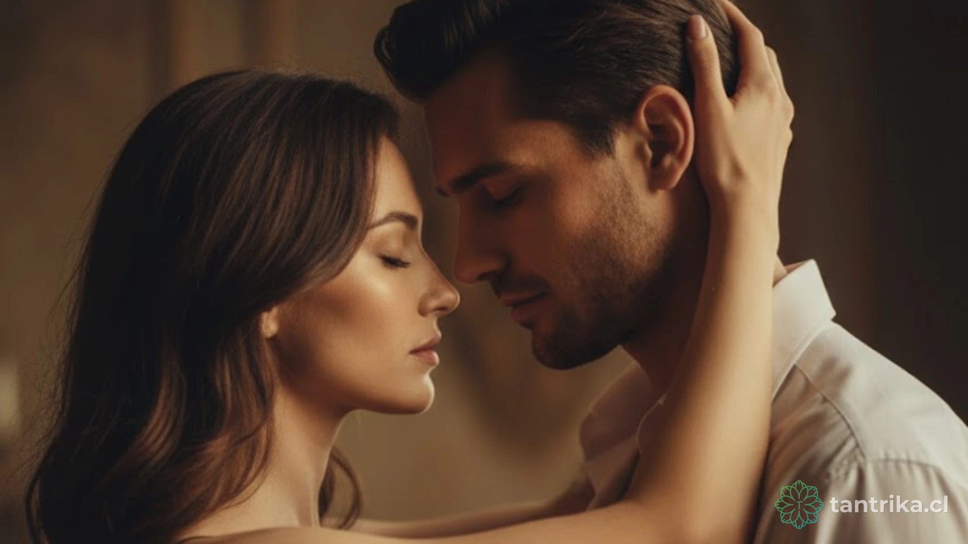 Primer plano cinematográfico de una pareja con los ojos cerrados compartiendo un instante de paz y conexión sensorial profunda.