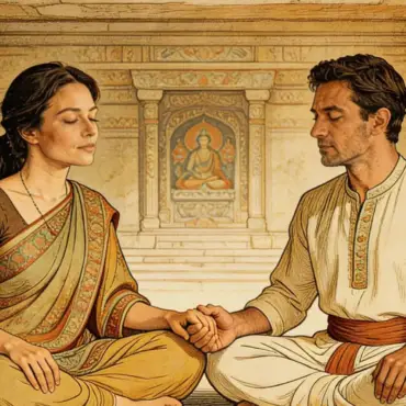 Ilustración de estilo clásico que muestra a una pareja con túnicas tradicionales sentada en un templo; mantienen la unión de manos en un gesto de equilibrio frente a un altar, simbolizando los fundamentos espirituales y la calma de la práctica ancestral.