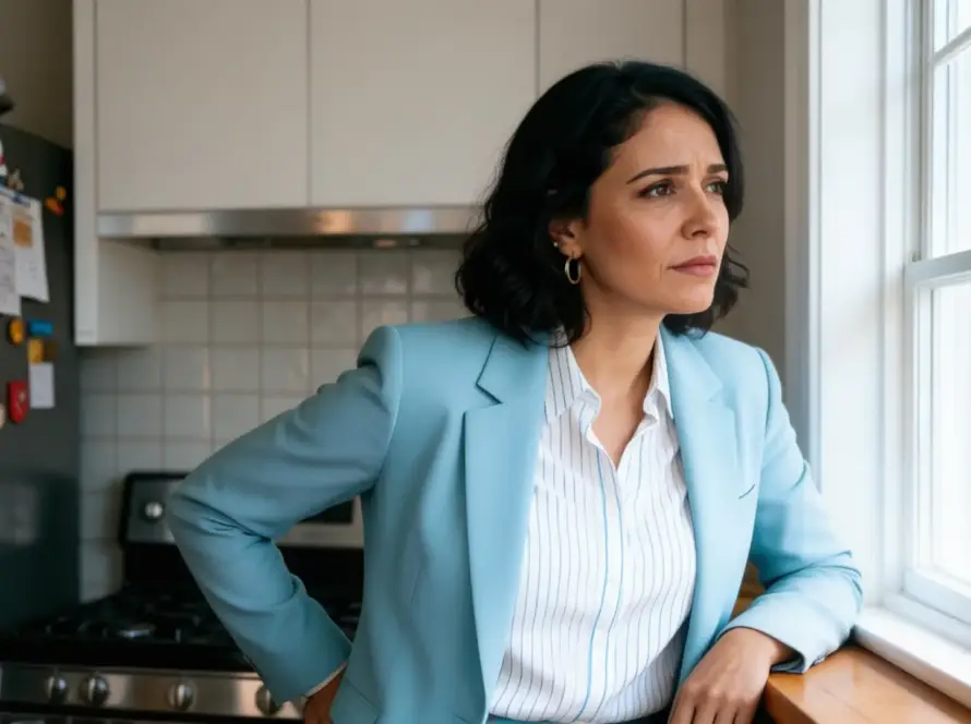 Mujer de pie en la cocina mirando al vacío al final del día — Serie Carga Mental Femenina — Tántrika™