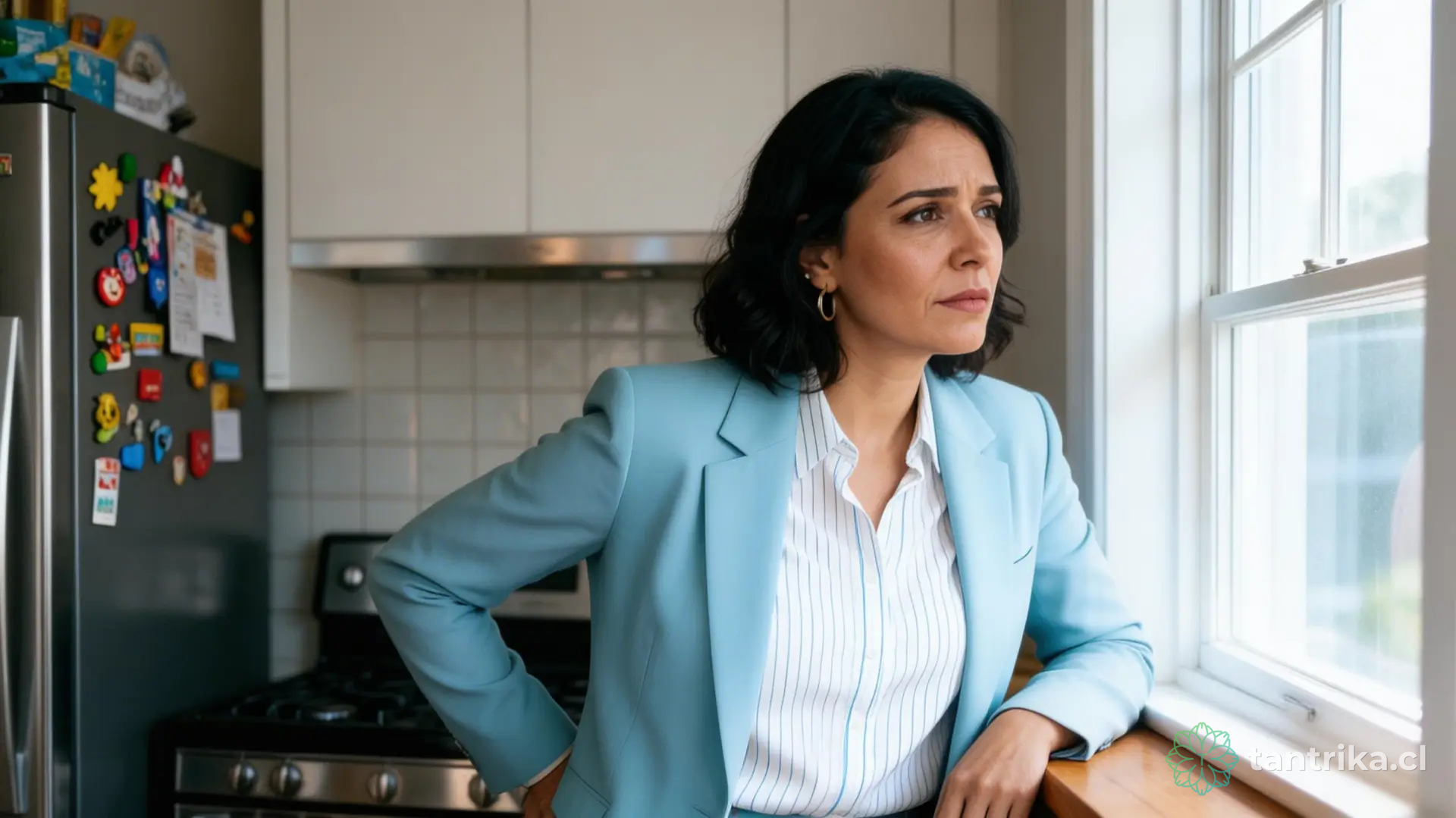 Mujer de pie en la cocina mirando al vacío al final del día — Serie Carga Mental Femenina — Tántrika™
