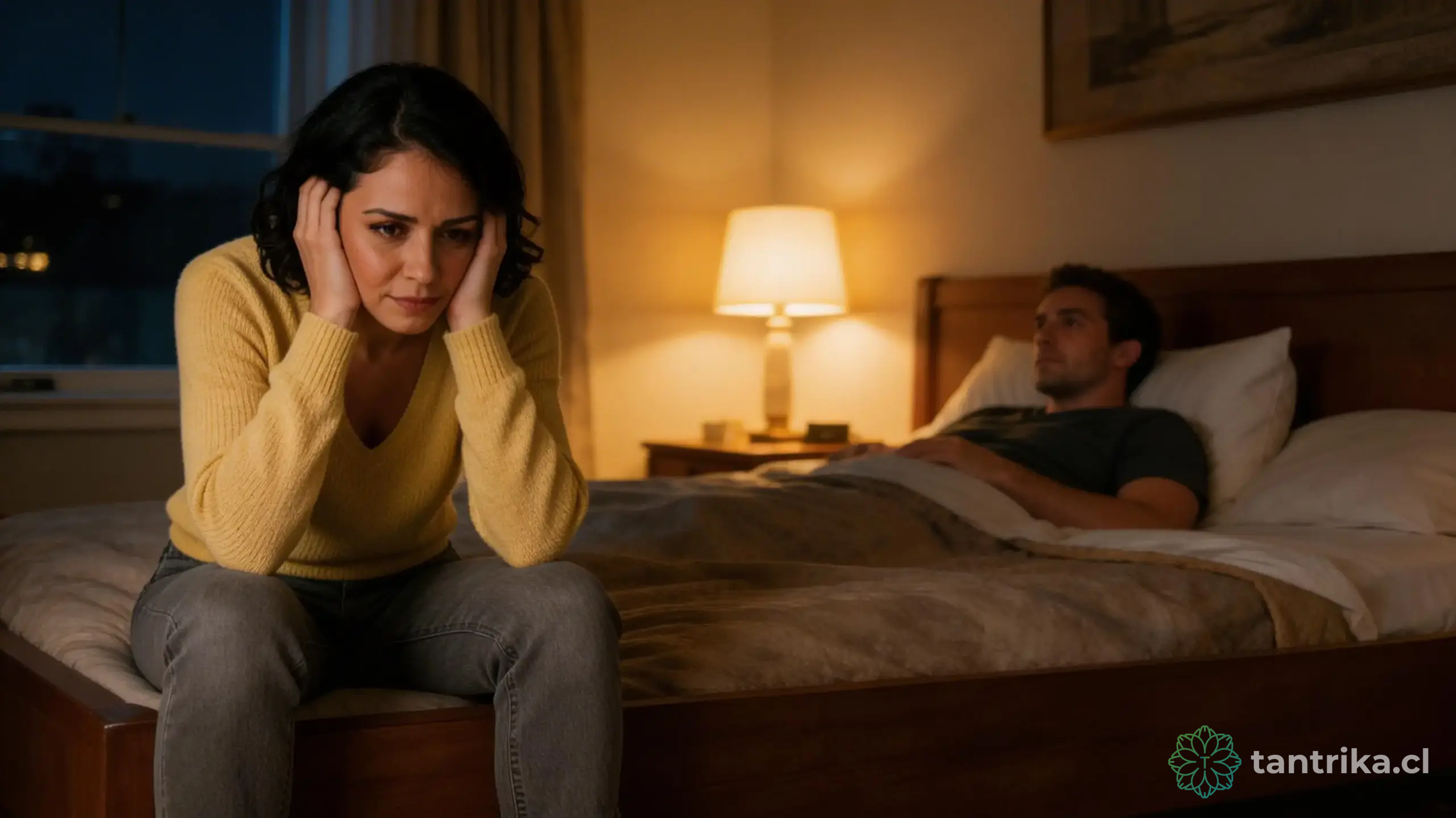 Mujer sentada al borde de la cama con las manos en la cabeza, expresando agotamiento y agobio, mientras su pareja duerme al fondo.