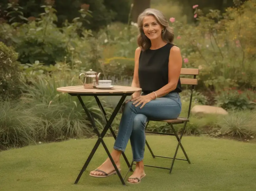Elena, Mujer de entre 45-53 años sentada en un jardín disfrutando de un momento de calma y presencia somática.