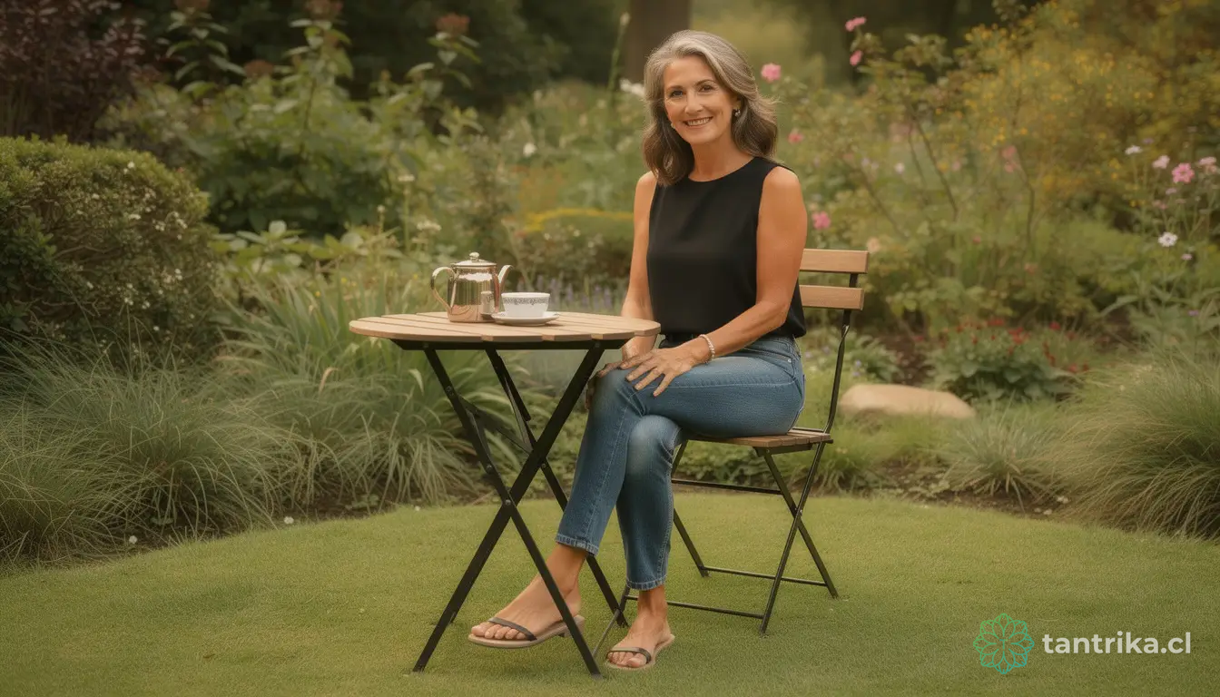 Elena, Mujer de entre 45-53 años sentada en un jardín disfrutando de un momento de calma y presencia somática.