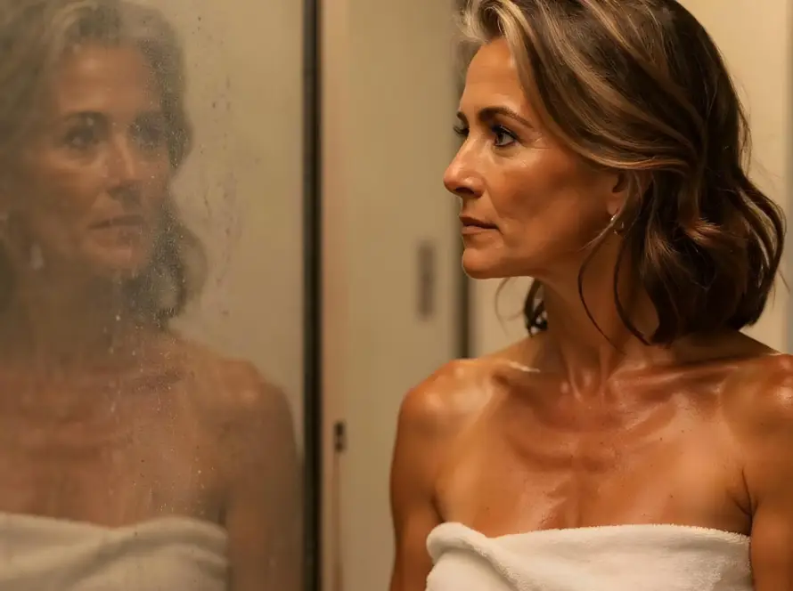 Mujer madura frente a espejo empañado tras la ducha, mirada introspectiva y presencia consciente. Serie Placer en Plenitud — Tántrika ™