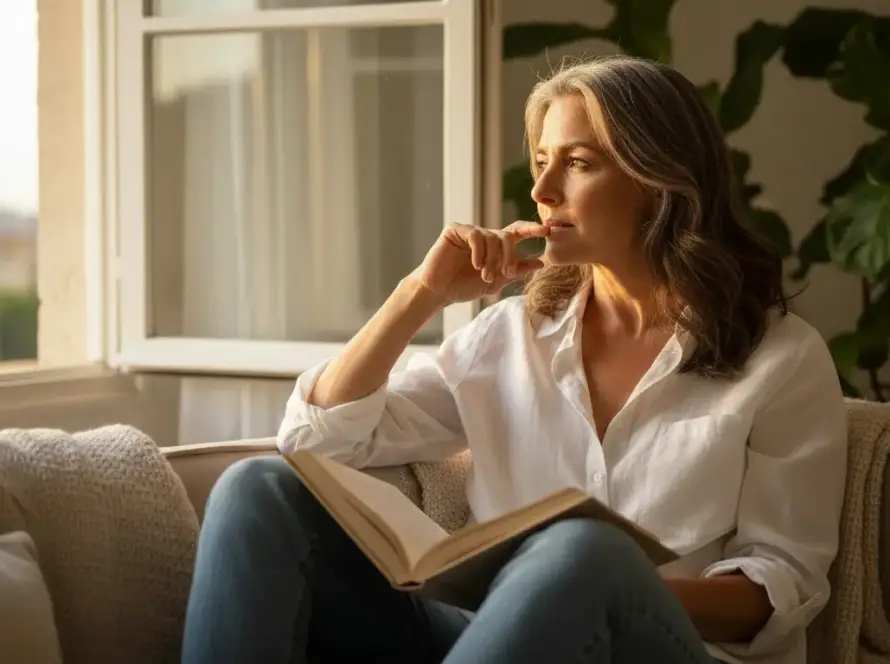 Mujer madura en momento de introspección consciente, luz natural suave. Serie Placer en Plenitud — Tántrika™.