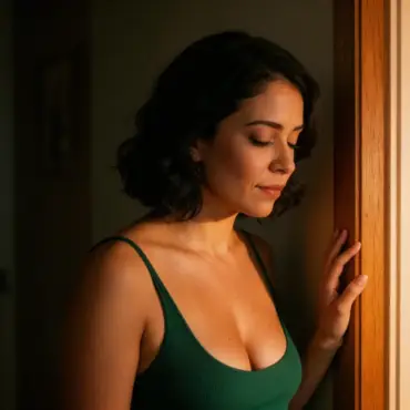 Mujer (Camila), detenida en el umbral de una puerta, con los ojos cerrados, en un momento deliberado de transición y pausa mental — Serie Carga Mental Femenina — Tántrika™