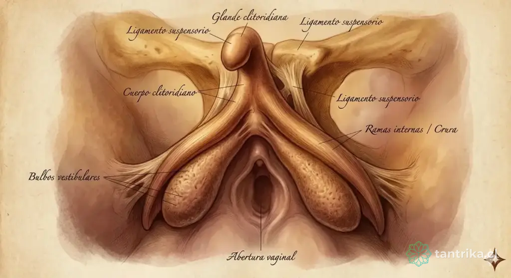 Ilustración anatómica del clítoris completo: glande, cuerpo, ramas y bulbos vestibulares — El Circuito del Éxtasis, Tántrika™