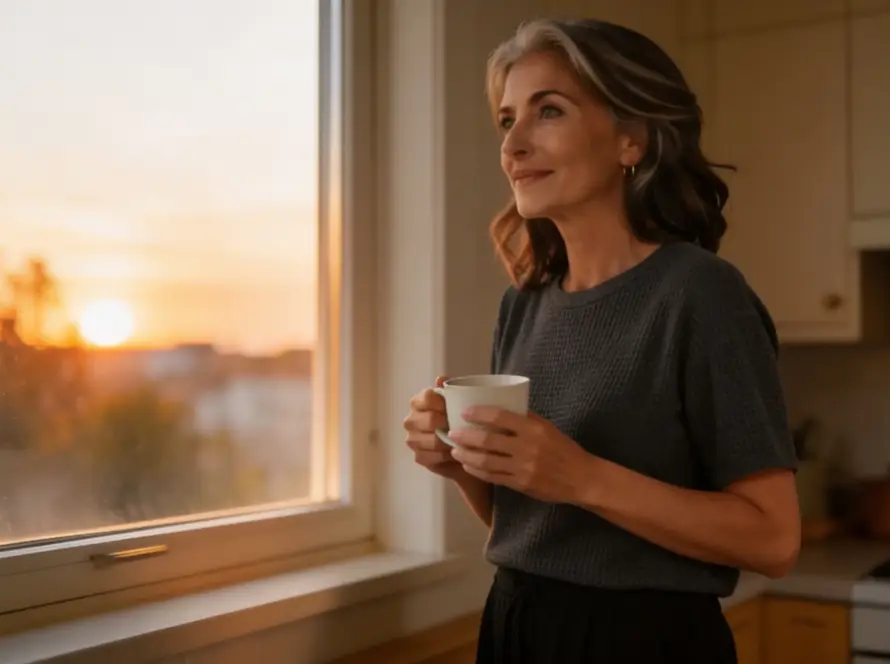 Elena de pie junto a la ventana de la cocina con una taza de café, representando el deseo reactivo y la soberanía corporal en la vida cotidiana.