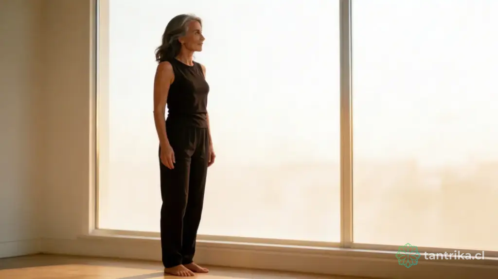 Elena en bipedestación consciente: alineando el eje pelvis-diafragma para la descompresión del suelo pélvico — Tántrika™