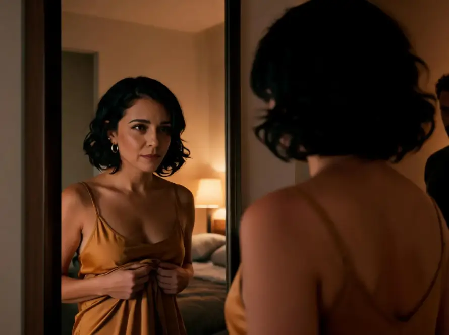Camila observa su reflejo en el espejo con una expresión de cansancio y carga mental, mientras Francisco permanece al fondo en la habitación en penumbra.