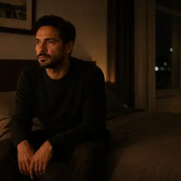 Francisco sentado al borde de la cama mientras Camila aparece distante al fondo, en una escena nocturna sobre carga mental femenina y pareja — Tántrika™.