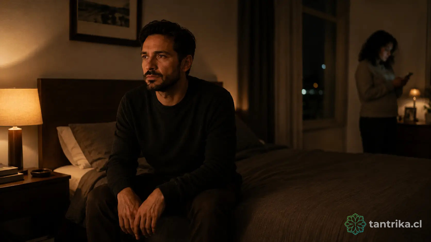 Francisco sentado al borde de la cama mientras Camila aparece distante al fondo, en una escena nocturna sobre carga mental femenina y pareja — Tántrika™.