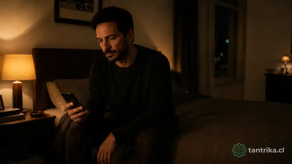 Francisco sentado al borde de la cama observa su teléfono en silencio, en una escena nocturna sobre carga mental femenina y desconexión emocional — Tántrika™.