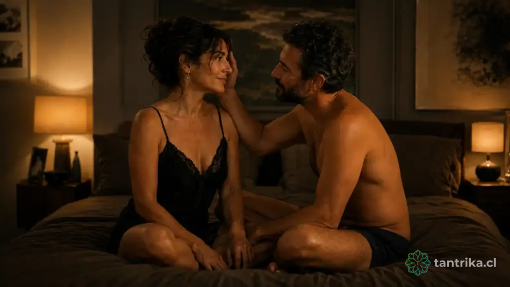 Pareja madura riendo y mirándose en la cama, mano sobre el hombro, intimidad cálida — Serie Sexualidad Tántrico - Tántrika™