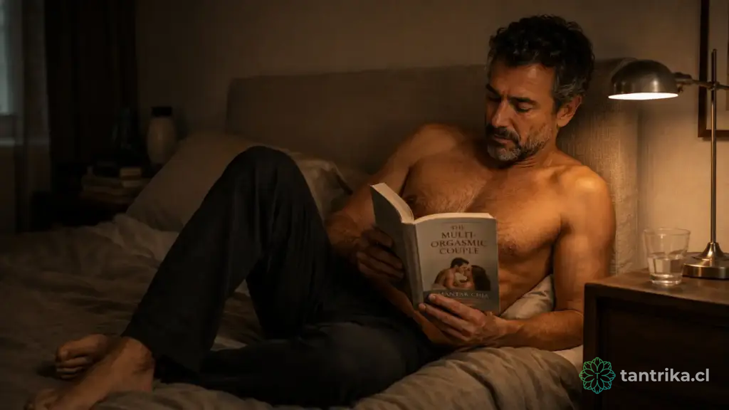 Hombre maduro recostado en la cama leyendo un libro bajo luz de lámpara cálida — Serie Sexo Tántrico Tántrika™