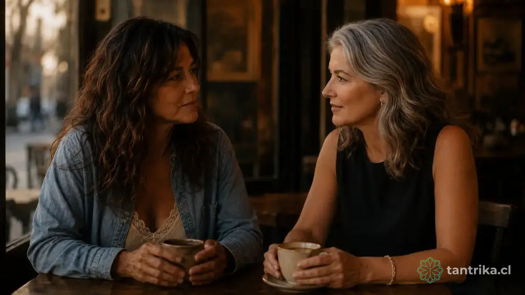 Dos mujeres conversando con intensidad en cafetería —  Serie Sexualidad Tántrica - Tántrika™ 

