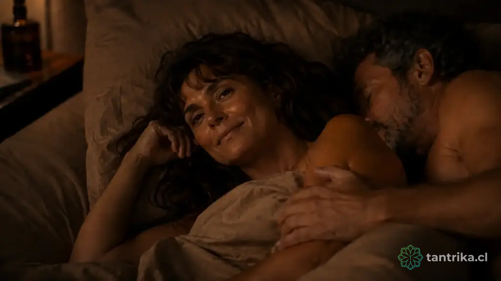 Mujer madura despierta junto a su pareja dormida — reflexión nocturna —  Serie Sexualidad Tántrica - Tántrika™
