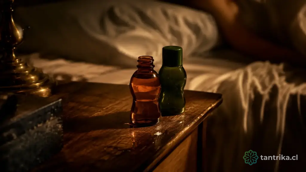 Aceite y gel estimulante sobre velador con luz cálida —  Serie Sexualidad Tántrica - Tántrika™
