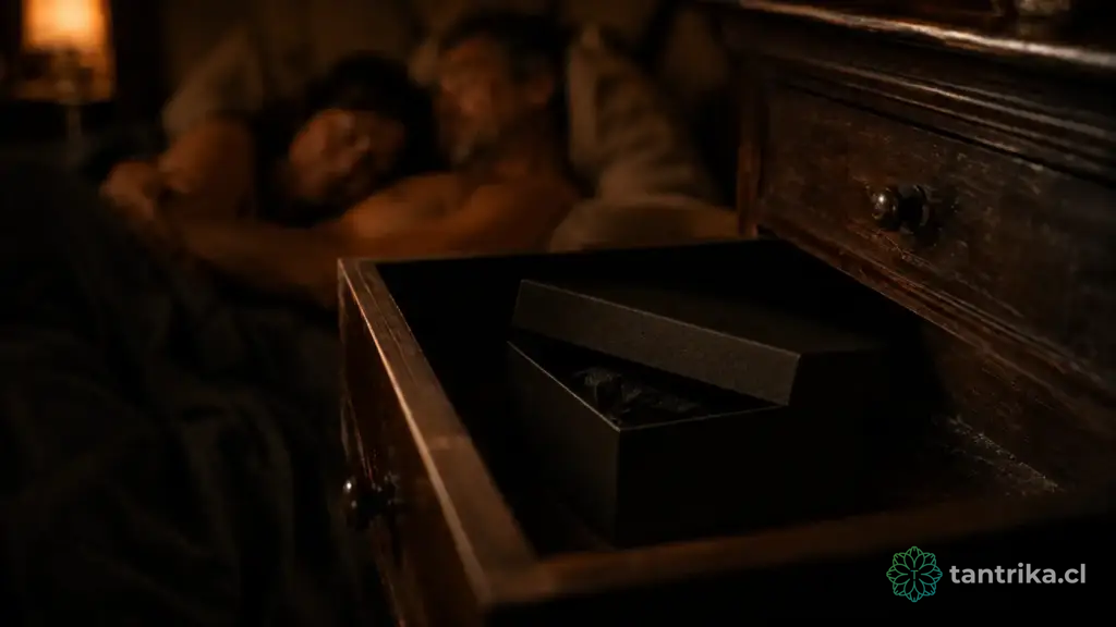 Cajón entreabierto con objeto envuelto en tela oscura en penumbra — Serie Sexualidad Tántrica - Tántrika™