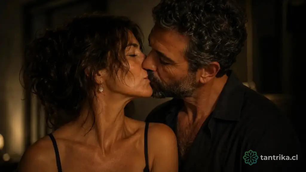 Isabel y Marcos en beso íntimo con luz cálida nocturna — Serie Sexualidad Tántrica - Tántrika™