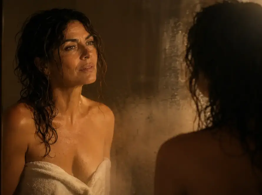 Isabel frente al espejo empañado, reconociéndose en soledad — Serie Sexualidad Tántrica - Tántrika™