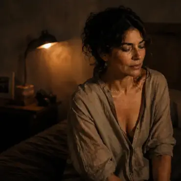 Isabel sentada al borde de la cama en luz tenue de noche, la mirada hacia adentro mientras suelta la tensión — Serie Sexualidad Tántrica - Tántrika™