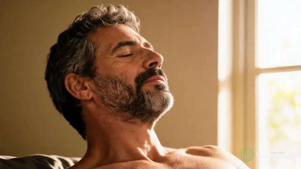 Marcos con la cabeza echada hacia atrás y los ojos cerrados en el punto más alto del placer, la mañana del domingo — Serie Sexualidad Tántrica - Tántrika™
