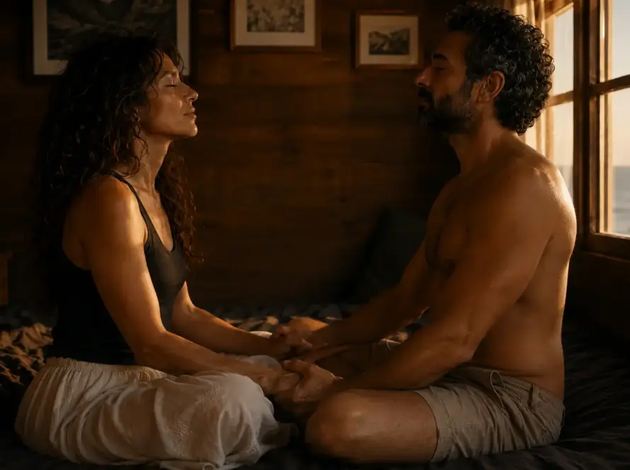 Alt Text: Isabel y Marcos frente a frente en la cama de la cabaña, respirando juntos en la tarde quieta — Serie Sexualidad Tántrica - Tántrika™