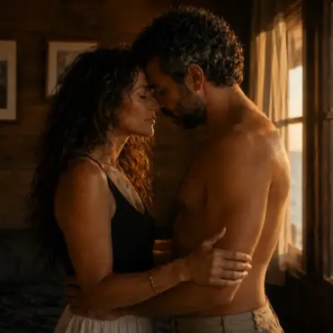 Isabel y Marcos, de pie. Frente a frente en la cama de la cabaña, respirando juntos en la tarde quieta — Serie Sexualidad Tántrica - Tántrika™