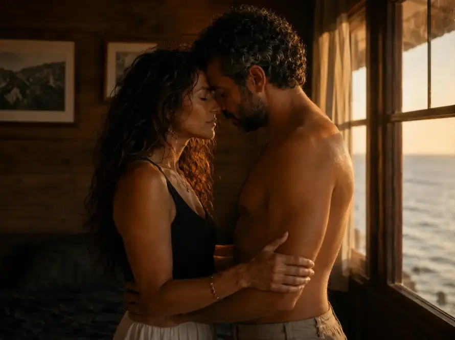 Isabel y Marcos, de pie. Frente a frente en la cama de la cabaña, respirando juntos en la tarde quieta — Serie Sexualidad Tántrica - Tántrika™