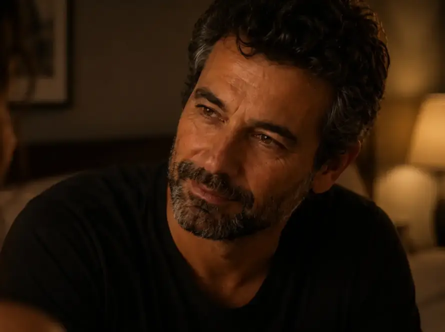 Marcos mirando a Isabel en la penumbra cálida de su cuarto, la mirada de quien acaba de descubrir un idioma nuevo en alguien que conoce de memoria — Serie Sexualidad Tántrica Tántrika™