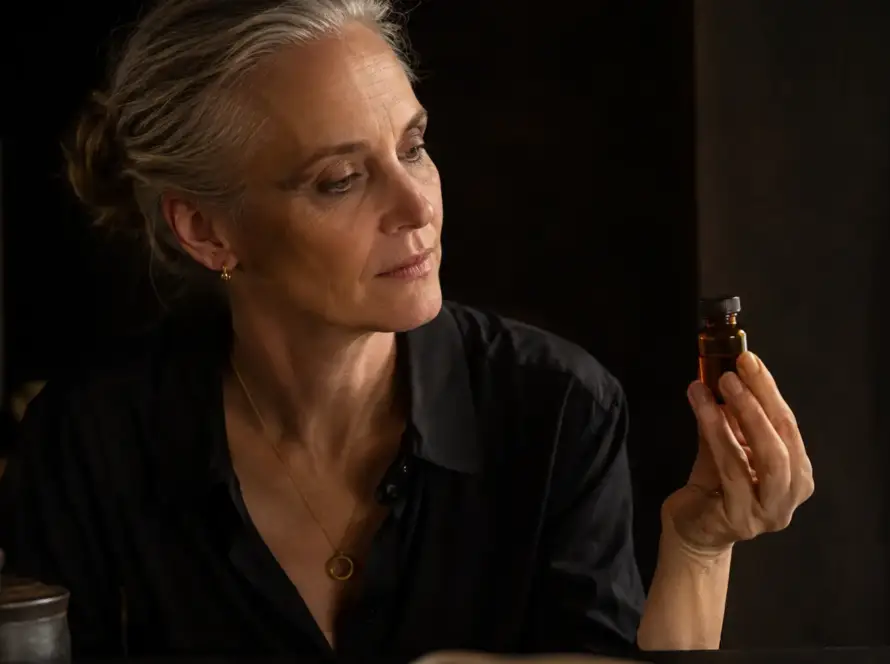 Mujer madura observando un frasco de tratamiento hormonal en una noticia sobre testosterona y menopausia — Actualidad Tántrika™.